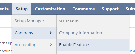 NetSuite Setup Menu